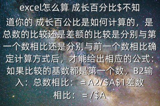 excel怎么算 成長百分比$不知道你的 成長百公比是如何計(jì)算的，是總數(shù)的比較還是差額的比較是分別與第一個(gè)數(shù)相比還是分別與前一個(gè)數(shù)相比確定計(jì)算方式后，才能給出相應(yīng)的公式：如果比較的基數(shù)都是第一個(gè)數(shù)，B2輸入：總數(shù)相比：＝A2/$A$1差數(shù)相比：＝/$A