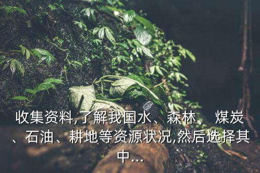 收集資料,了解我國(guó)水、森林、 煤炭、石油、耕地等資源狀況,然后選擇其中...